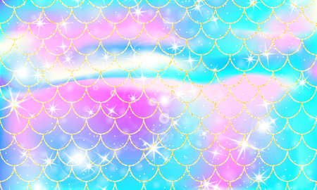 Holographic rainbow background. Gold scales. Mermaid print. Vector.のイラスト素材