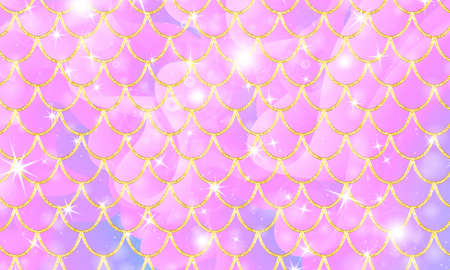 Golden pattern. Holographic rainbow background. Gold scales. Mermaid print. Vector.のイラスト素材