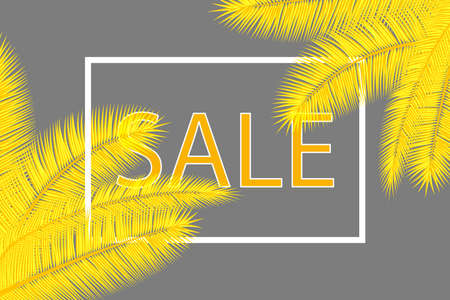 Sale banner with palm leaves. Floral tropical background. Yellow and gray colors abstract cover design. Vector.のイラスト素材