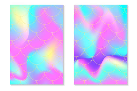 Set of holographic rainbow background. Mermaid gold scales. Hologram print.のイラスト素材