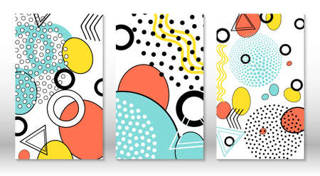 Set of doodle fun patterns. Hipster style 80s-90s. Memphis elements. Fluid pink, blue, yellow colors. Vector.のイラスト素材