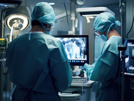 Surgeons working in operating room with x-ray image of patientの素材