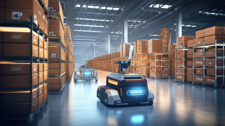 Automated warehouse with robotic vehicle and organized shelvesの素材