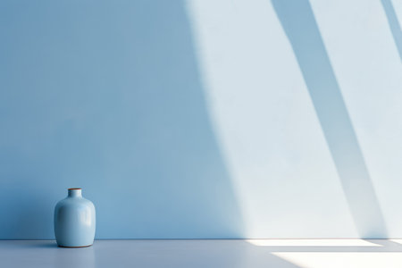 Blue vase against a light blue wall with soft shadow patterns.の素材