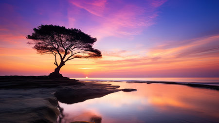 Breathtaking sunset silhouette of a lone tree by the serene beachの素材