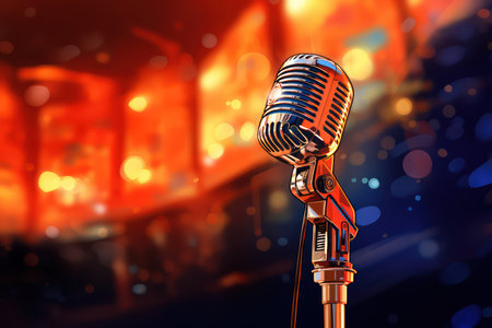 Vintage microphone against vibrant, colorful bokeh backgroundの素材