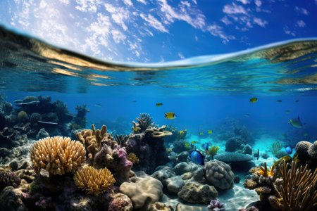 Underwater coral reef teems with marine life, surface viewの素材
