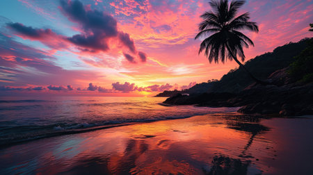 Breathtaking view of sunset at tropical beach with palm silhouetteの素材