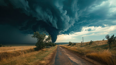 Tornado forming over a rural road amidst dark stormy skiesの素材