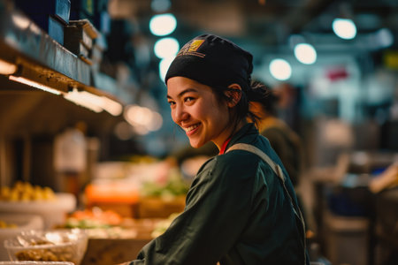 Portrait of asian woman selling fresh fruits and vegetables in supermarketの素材