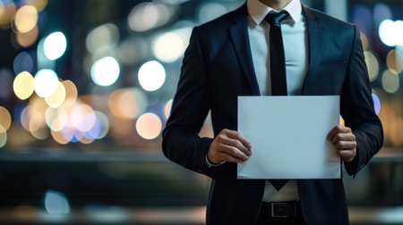Businessman holding a blank sheet of paper in the city at nightの素材