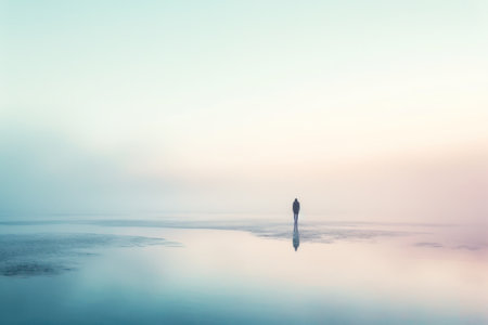 Solitary figure standing in serene, misty waterscape with ethereal lightの素材