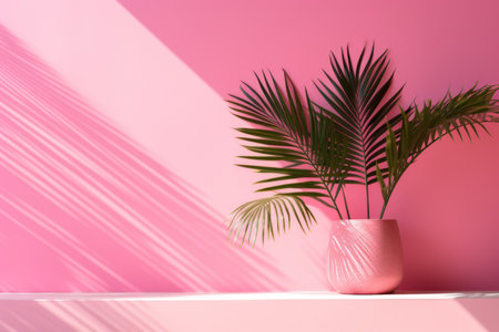 Palm plant in pink pot against a vibrant pink backgroundの素材
