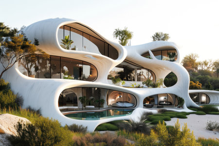 Modern architectural masterpiece, blend of nature and innovationの素材