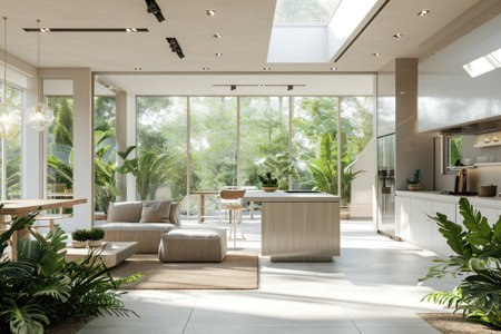 Modern spacious kitchen and living area with natural light.の素材