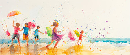 Children play on beach with colorful umbrellas, vibrant paint aroundの素材