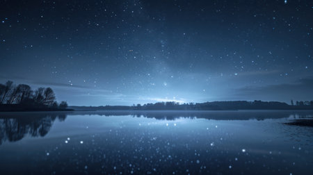 Starry night casting reflections over a tranquil lakeの素材