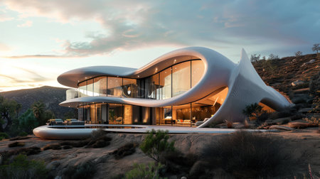Modern hillside home with panoramic views and unique architectureの素材