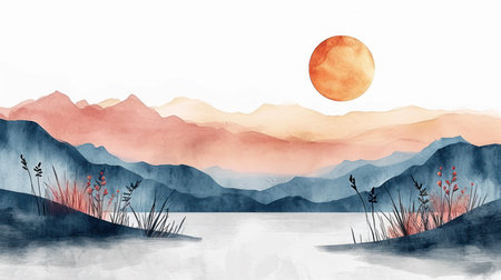 Sun setting over vibrant, layered hills creating a serene landscape.の素材