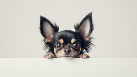Cute chihuahua peeking over a white surface with wide eyes and perky ears, showcasing curiosity and charm.の素材
