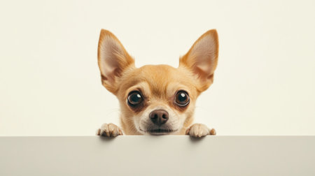 Adorable chihuahua peeking over a white surface with big curious eyes and upright ears, radiating cuteness and curiosity.の素材