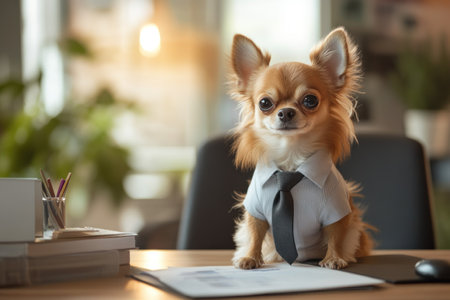 Chihuahua in a business outfit with a shirt and tie, sitting confidently at a desk in a modern office environment.の素材