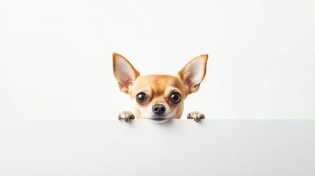 Adorable chihuahua peeking over a white surface with big curious eyes and upright ears, radiating cuteness and curiosity.の素材