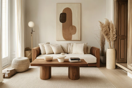 Scandinavian style apartment living room featuring wooden furniture, elegant accessories, and abstract art on the walls.の素材