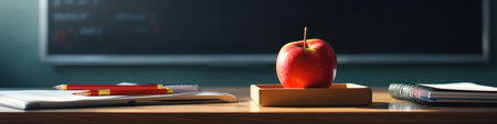 Red apple on wooden desk in front of a blackboard with copy space.の素材