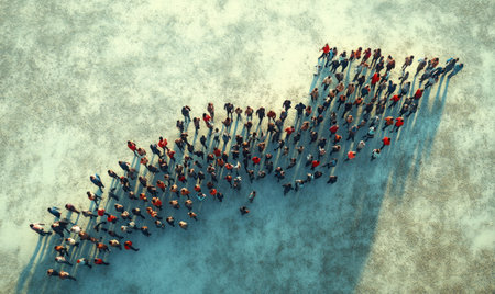 Group of people standing in the shape of an upward-pointing arrow, symbolizing economic growth and business success, taken from above with a clear sky background.の素材