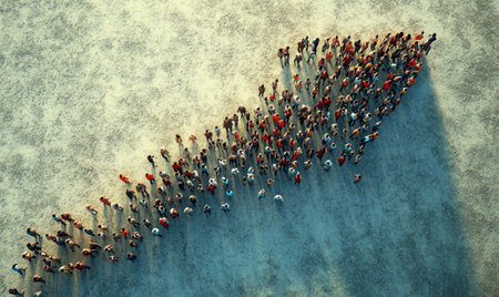 Group of people standing in the shape of an upward-pointing arrow, symbolizing economic growth and business success, taken from above with a clear sky background.の素材