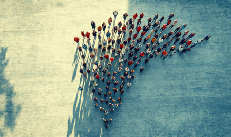 Group of people standing in the shape of an upward-pointing arrow, symbolizing economic growth and business success, taken from above with a clear sky background.の素材