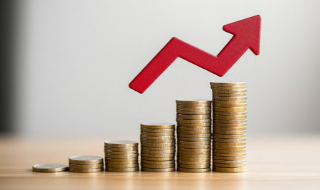 Arrow up sign on wooden cube blocks above a stack of coins, symbolizing financial growth, interest rate increase, inflation, high prices, and tax rise, with ample copy space.の素材