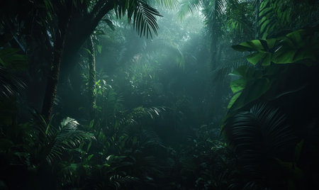 Deep tropical forest in darkness, creating a mysterious and dense atmosphere.の素材