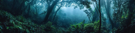 Deep tropical forest in darkness, creating a mysterious and dense atmosphere.の素材
