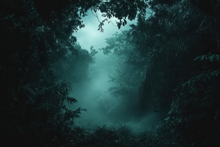 Deep tropical forest in darkness, creating a mysterious and dense atmosphere.の素材