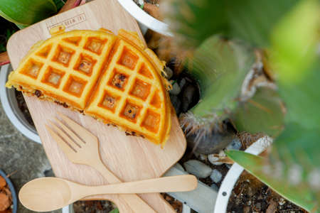 Delicious waffles on the wooden plate at garden.の写真素材