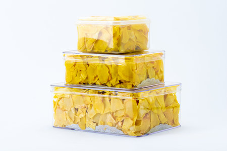 Dried durian in the transparent box set.の写真素材