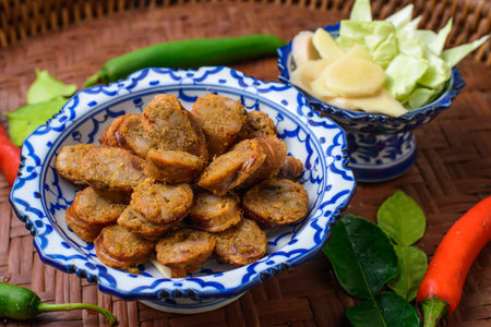 Notrhern thai spicy sausage on the porcelain product.の写真素材