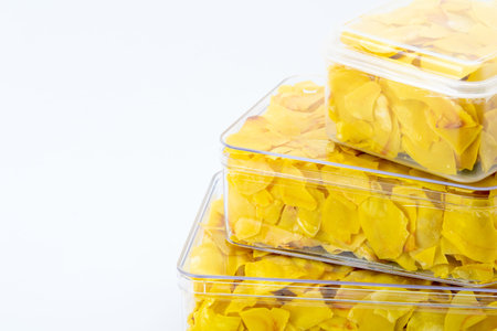 The snack of thai. Dried durian in the transparent box set.