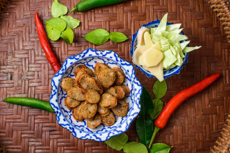 Notrhern thai spicy sausage on the porcelain product.