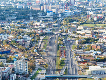aerial view of Third Ring Road and Railway Central Circle on northwest of Moscow from observation...