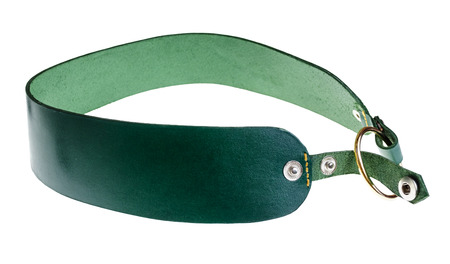 handmade stylish green leather belt cut out on white backgroundの写真素材