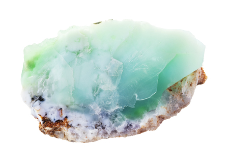 macro photography of natural mineral from geological collection - raw chrysophrase (chrysoprase) stone on white backgroundの写真素材