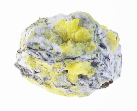 macro photography of natural mineral from geological collection - raw sulfur (sulphur) ore on white...