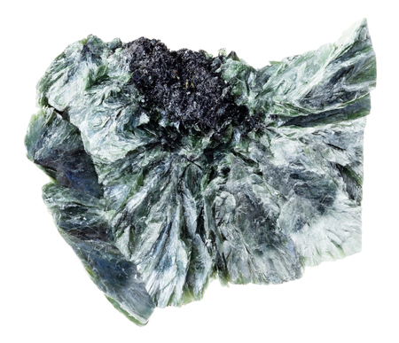macro photography of natural mineral from geological collection - rough Clinochlore (Chlorite) stone on white backgroundの写真素材