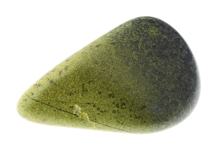 macro photography of natural mineral from geological collection - tumbled Epidote gemstone on white backgroundの写真素材