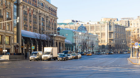MOSCOW, RUSSIA - JANUARY 24, 2019: panoramic view of cars at Tverskaya street near National Hotel from Manezhnaya Square in Moscow city in sunny winter dayのeditorial素材