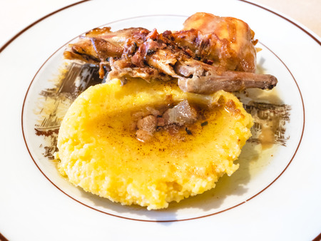 Italian cuisine - Coniglio con Polenta (local corn porridge with stew pieces of rabbit) on plate in local restaurant in Lombardyの写真素材