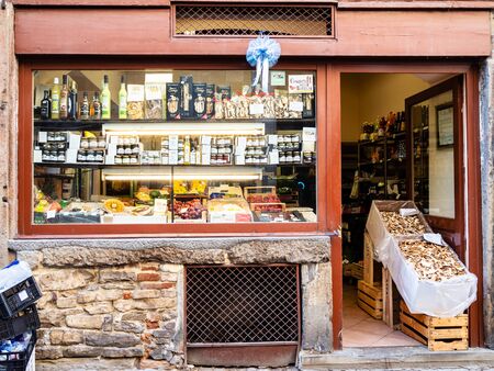 BERGAMO, ITALY - FEBRUARY 19, 2019: shop with local products on street via Bartolomeo Colleoni in Citta Alta (Upper Town). Bergamo is capital of the Province of Bergamo in Lombardy region of Italyのeditorial素材